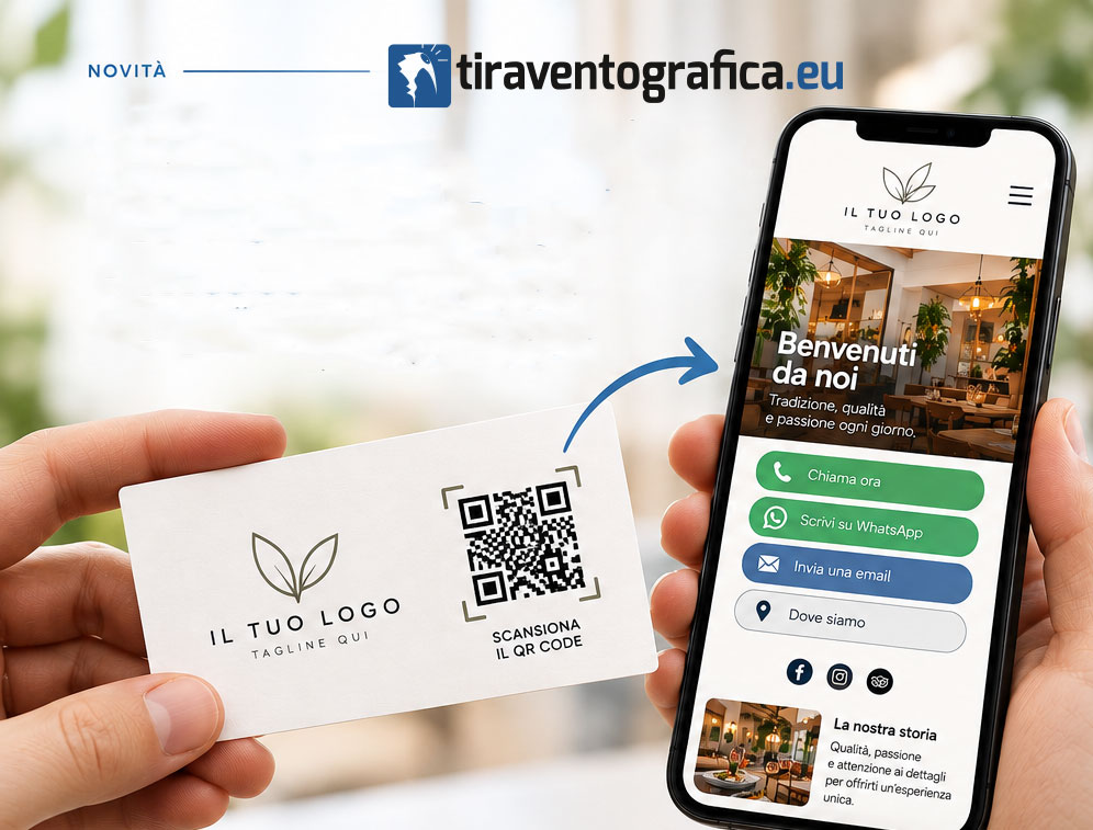Biglietto da visita con QR Code collegato a una landing page su smartphone